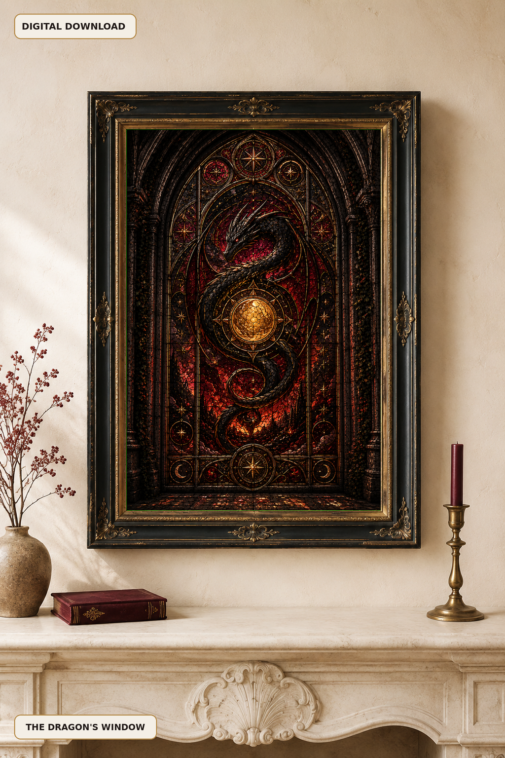 Dragon Stained Glass Wall Art, Gothic Fantasy Printable, Dark Celestial Window, Medieval Dragon Decor, Instant Digital Download