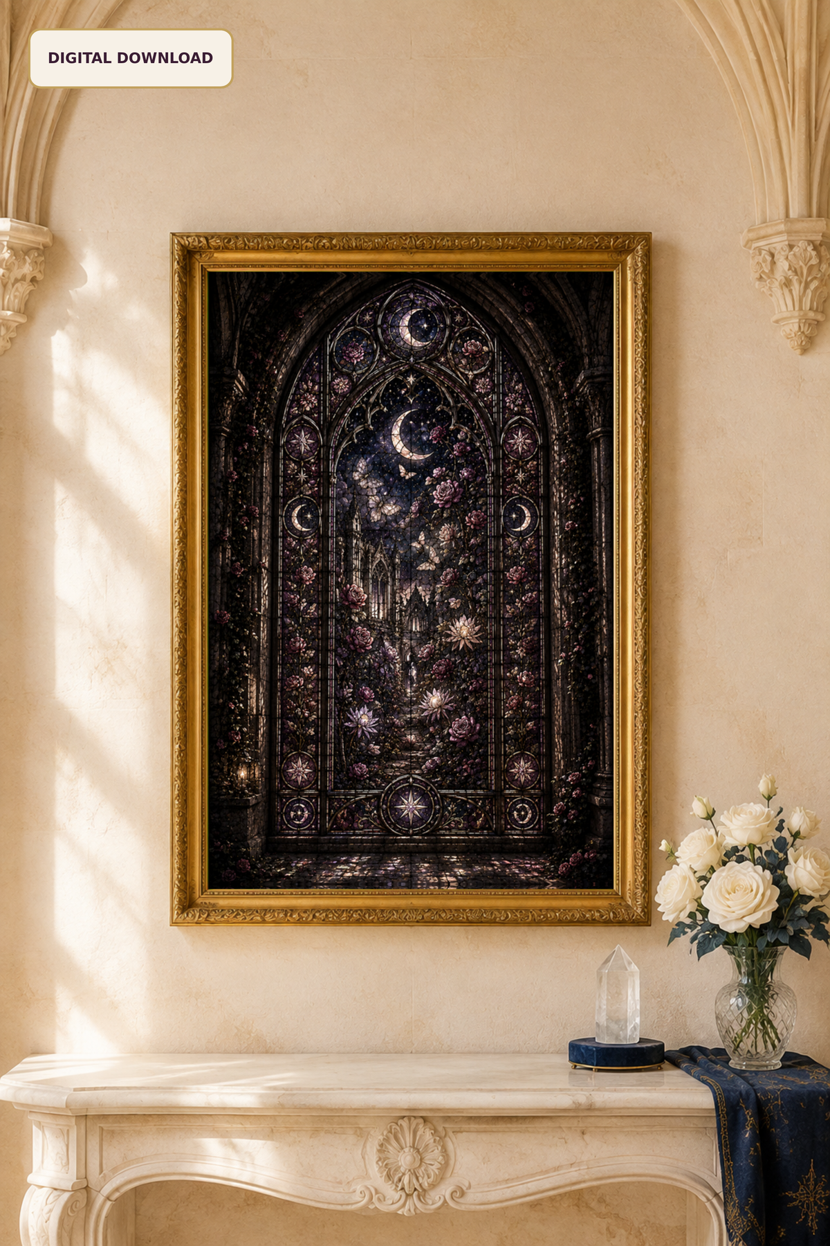 Moonlit Gothic Stained Glass Wall Art, Dark Floral Window Print, Celestial Garden Decor, Fantasy Digital Download