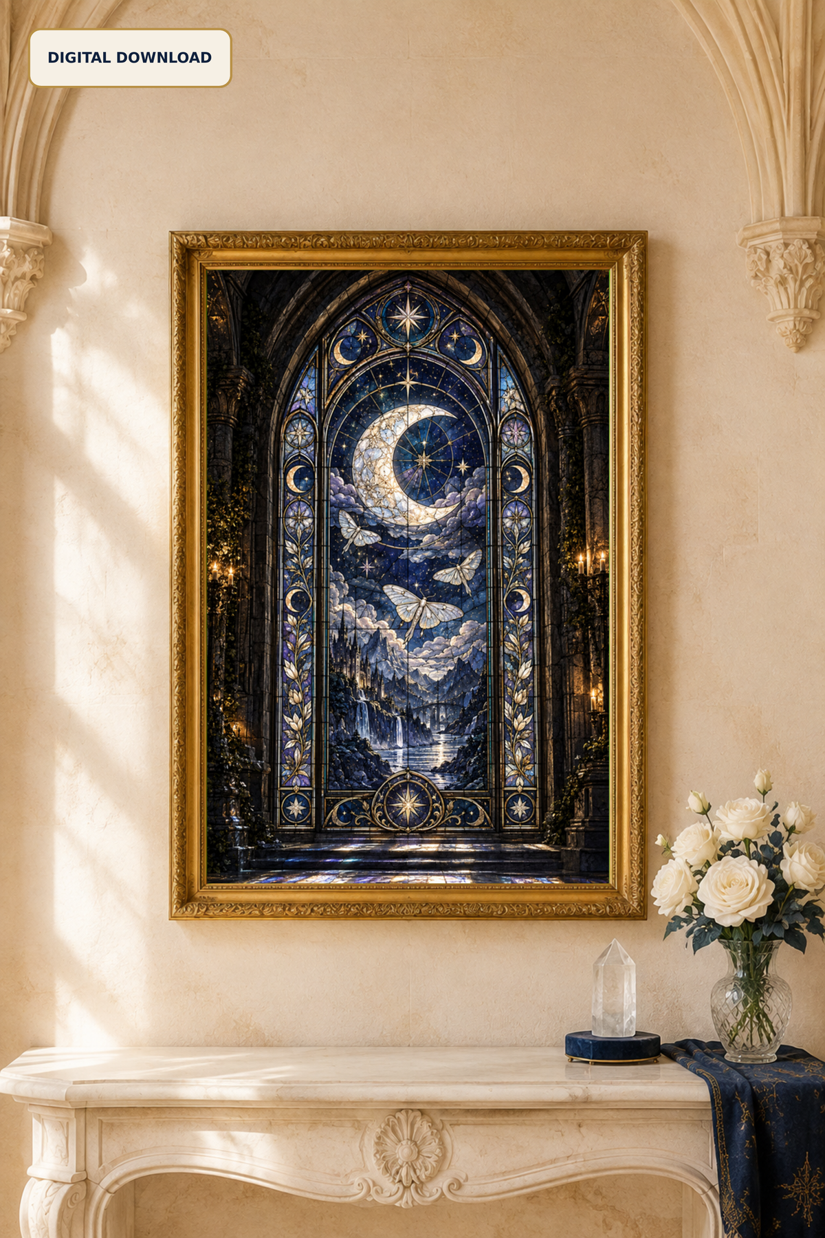 Celestial Stained Glass Wall Art, Gothic Moon Print, Dark Fantasy Decor, Moth Artwork, Moonkeeper Window Digital Download