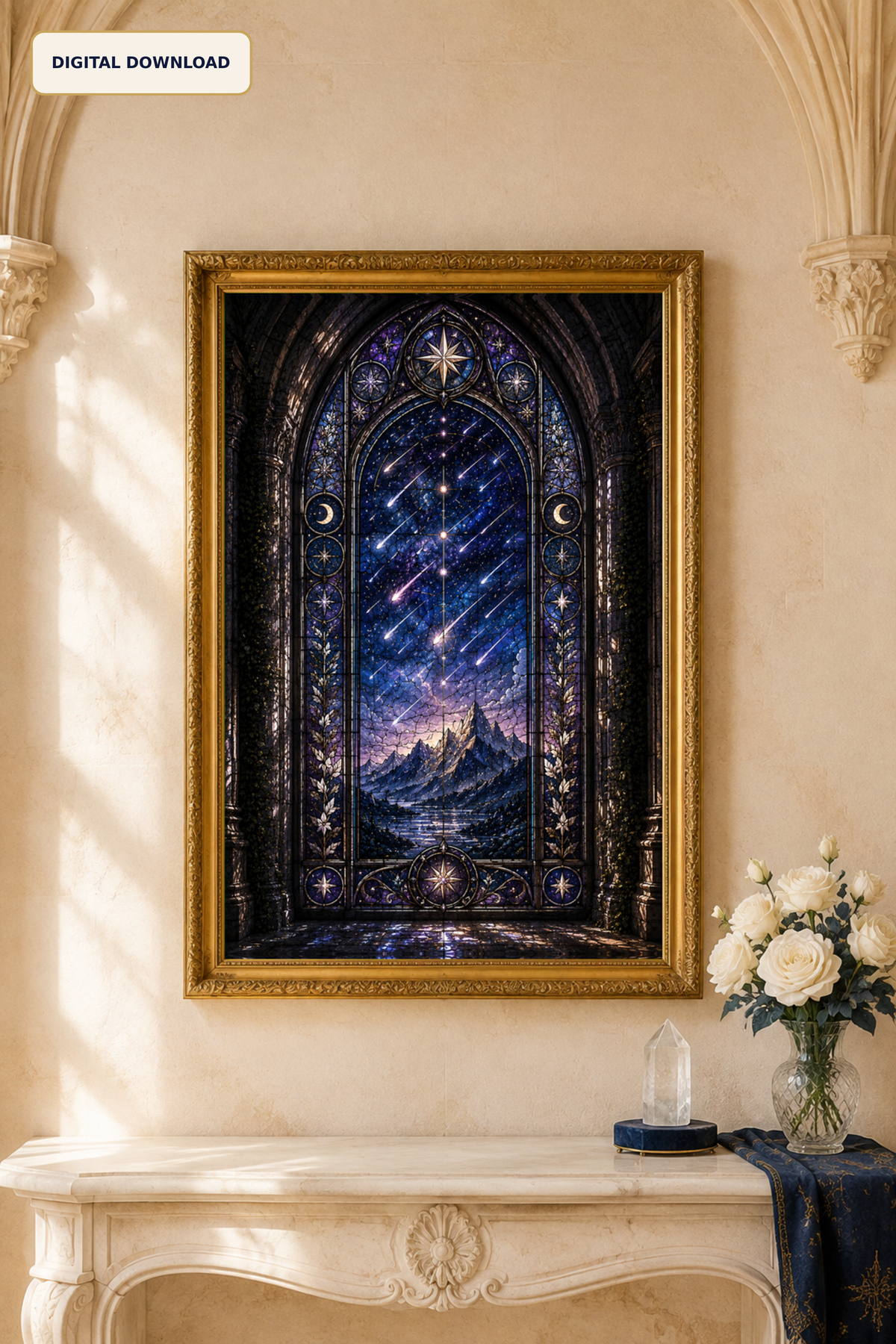 Celestial Stained Glass Wall Art, Gothic Starfall Window Print, Dark Academia Decor, Fantasy Night Sky Digital Download