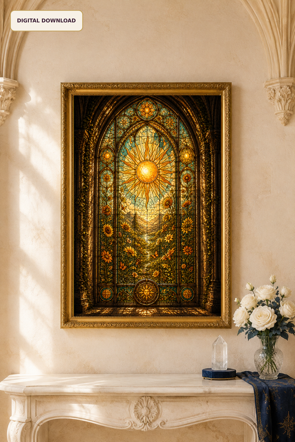Sun Stained Glass Wall Art, Golden Celestial Window Print, Gothic Sunflower Fantasy Decor, Printable Digital Download