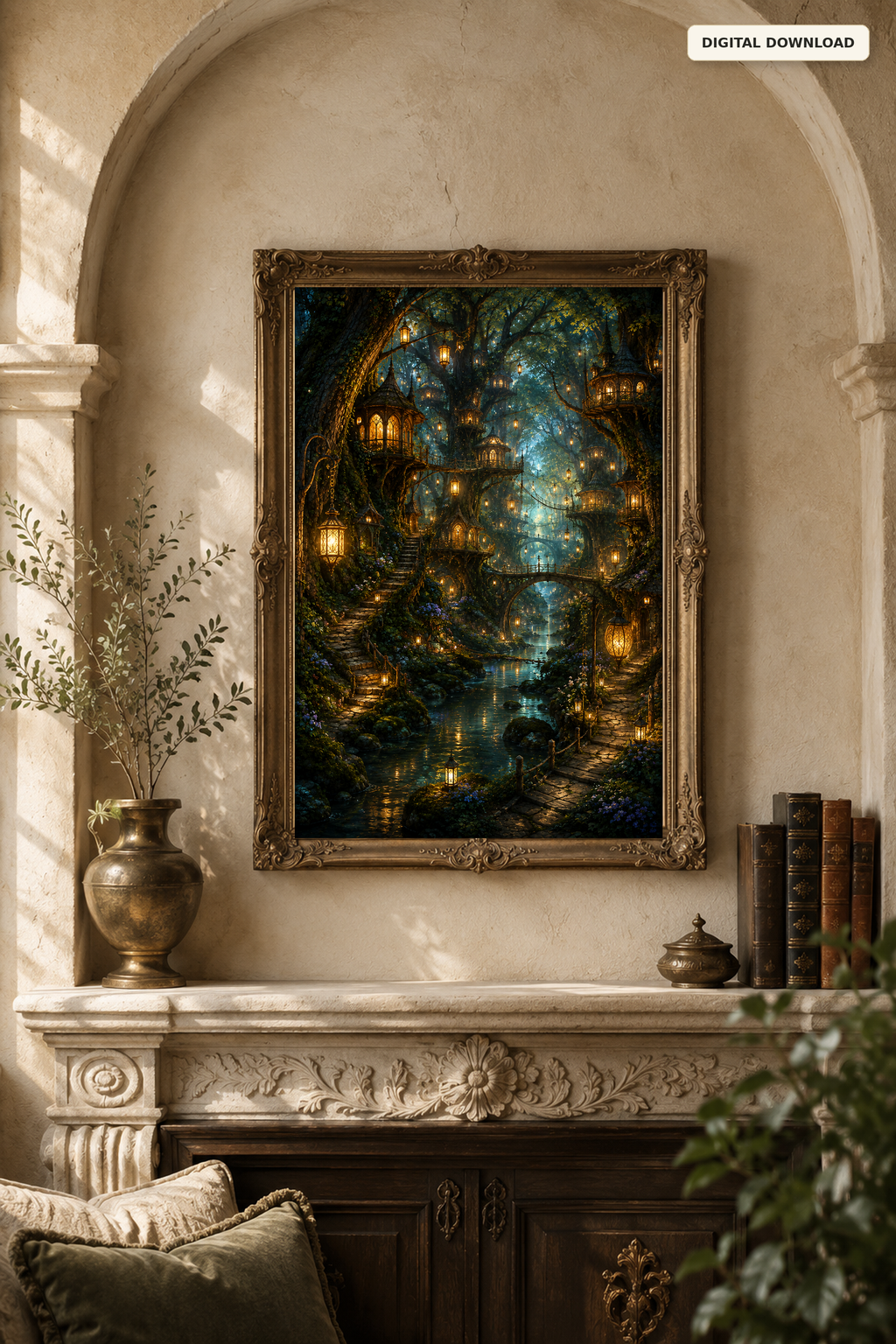 Enchanted Forest Wall Art, Fantasy Treehouse Village Printable, Lantern Lit Woodland Decor, Dark Academia Digital Download