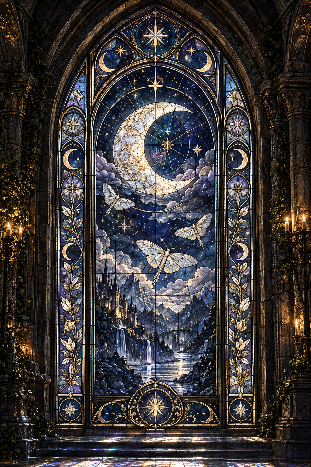 A large stained-glass window depicting a celestial night scene with a glowing crescent moon, stars, butterflies, clouds, and a waterfall, set within an ornate cathedral interior with warm candlelight.