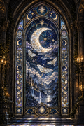 A large stained-glass window depicting a celestial night scene with a glowing crescent moon, stars, butterflies, clouds, and a waterfall, set within an ornate cathedral interior with warm candlelight.