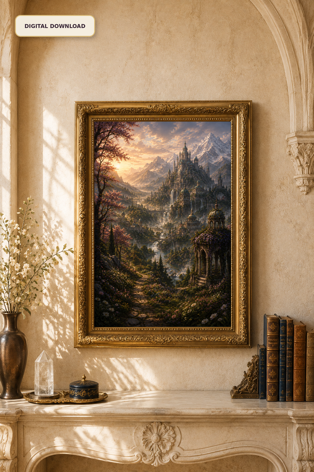 Fantasy Castle Wall Art, Enchanted Mountain Landscape Printable, Romantic Reading Nook Decor, Digital Download