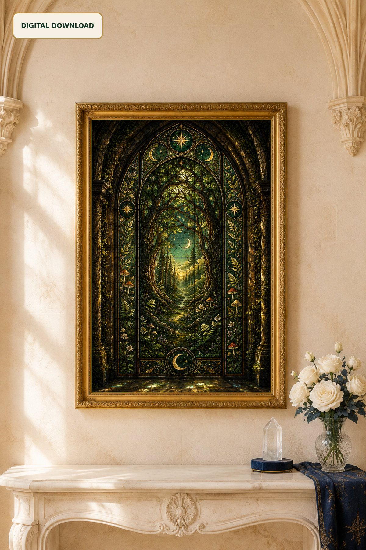 Enchanted Forest Stained Glass Wall Art, Gothic Botanical Print, Dark Academia Decor, Wildwood Fantasy Digital Download