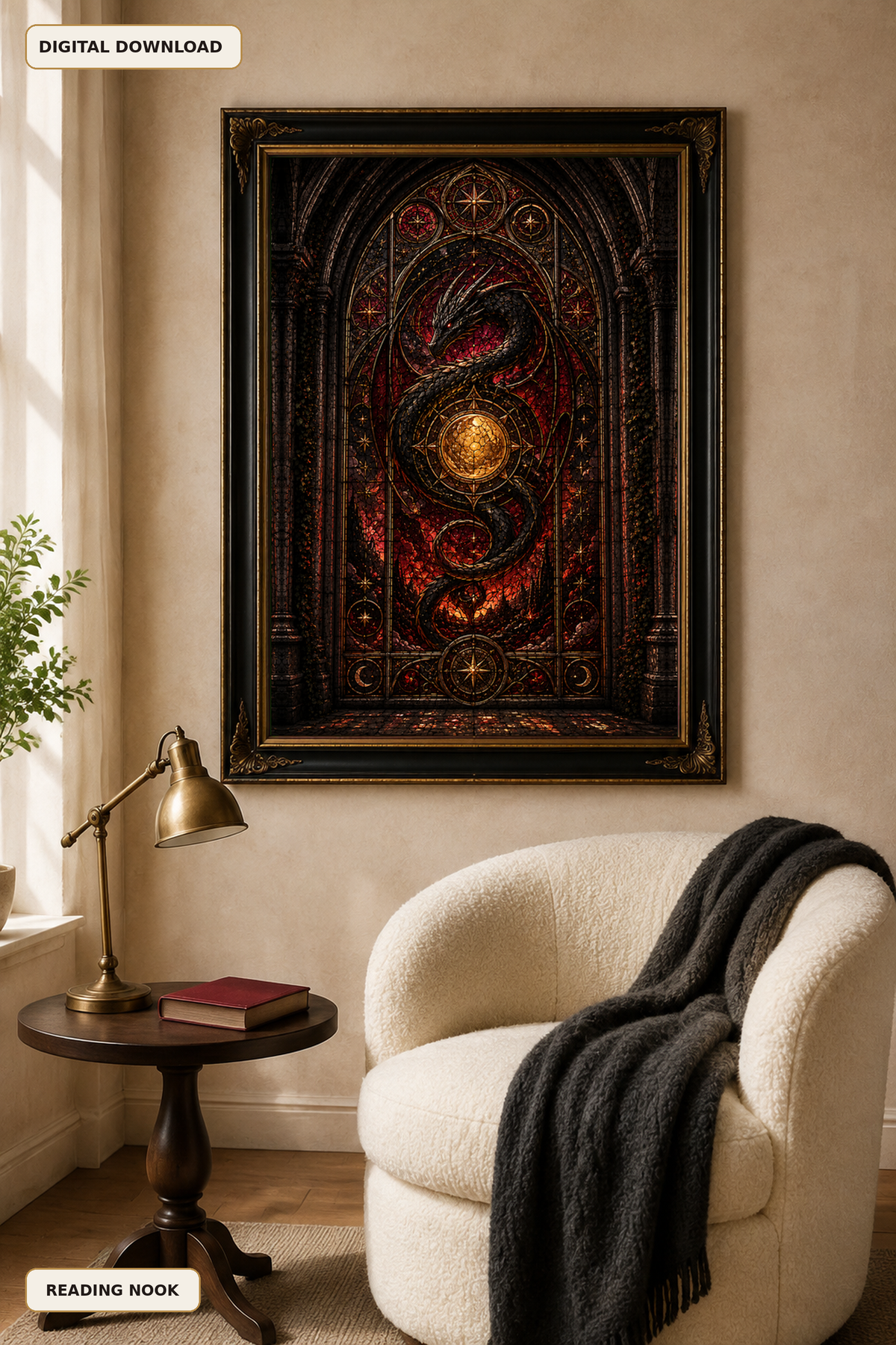 Dragon Stained Glass Wall Art, Gothic Fantasy Printable, Dark Celestial Window, Medieval Dragon Decor, Instant Digital Download