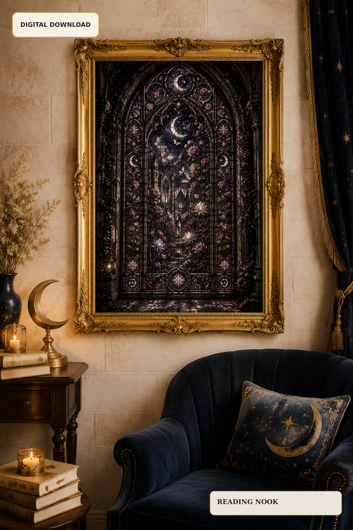 Moonlit Gothic Stained Glass Wall Art, Dark Floral Window Print, Celestial Garden Decor, Fantasy Digital Download
