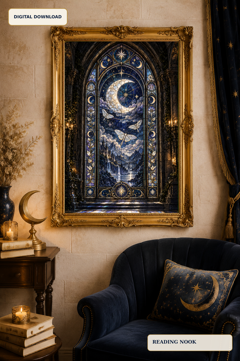 Celestial Stained Glass Wall Art, Gothic Moon Print, Dark Fantasy Decor, Moth Artwork, Moonkeeper Window Digital Download