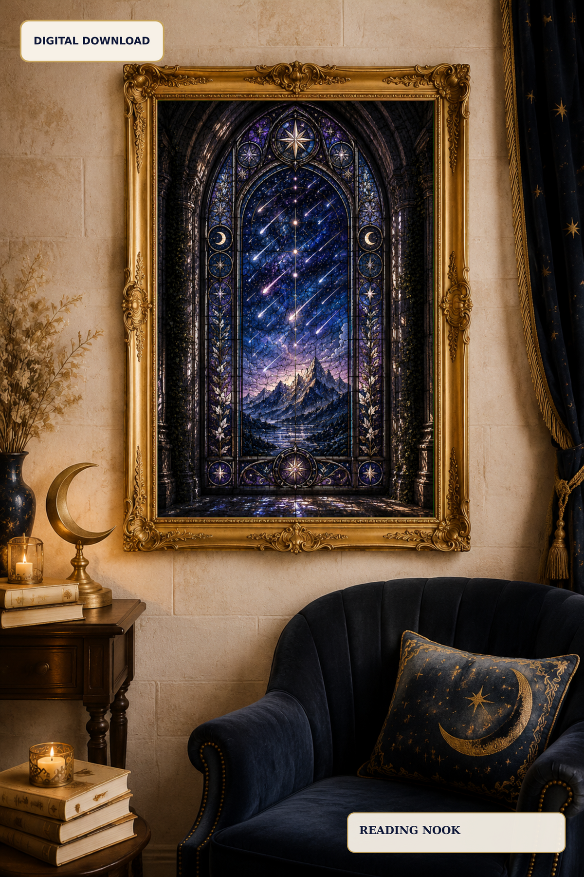Celestial Stained Glass Wall Art, Gothic Starfall Window Print, Dark Academia Decor, Fantasy Night Sky Digital Download