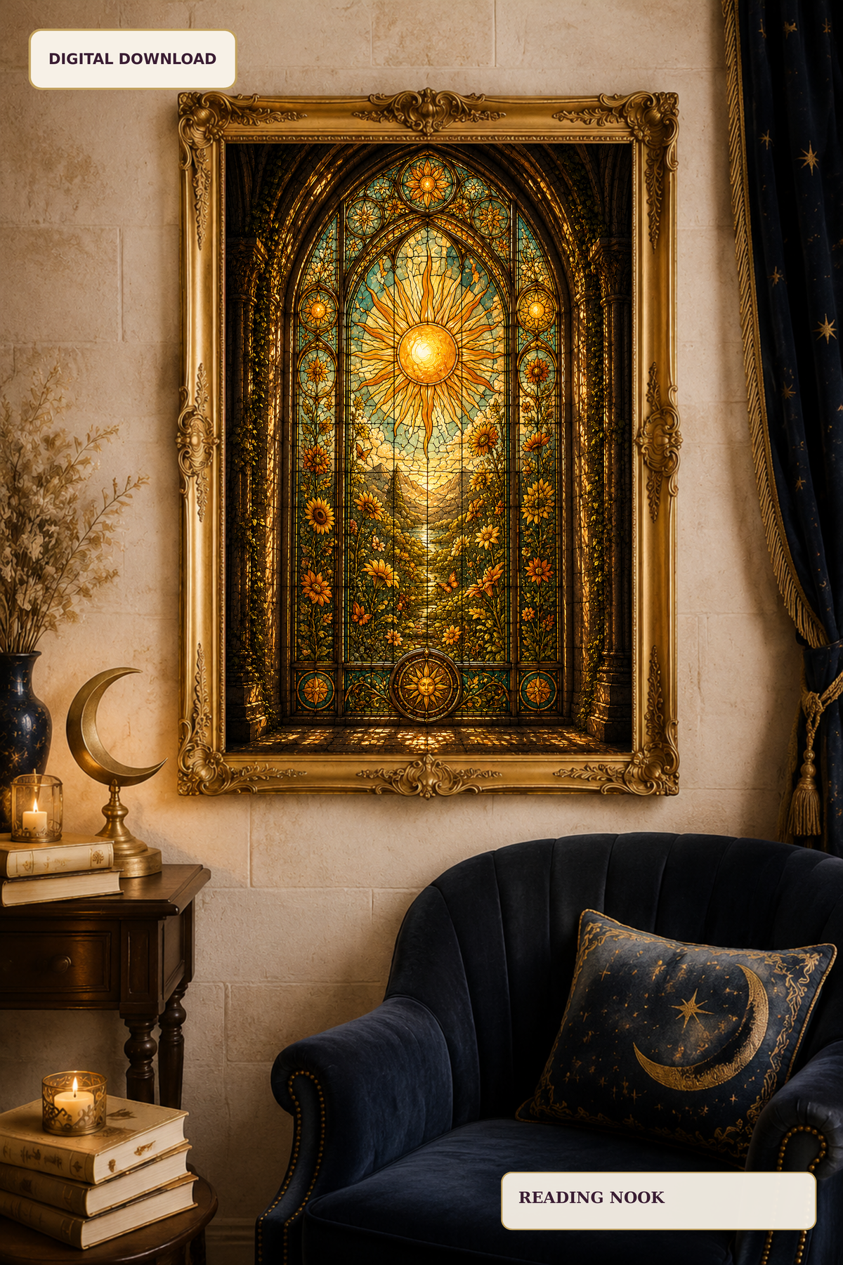 Sun Stained Glass Wall Art, Golden Celestial Window Print, Gothic Sunflower Fantasy Decor, Printable Digital Download