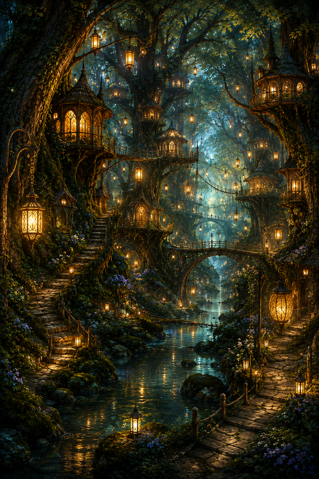 Enchanted Forest Wall Art, Fantasy Treehouse Village Printable, Lantern Lit Woodland Decor, Dark Academia Digital Download