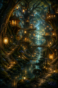 Enchanted Forest Wall Art, Fantasy Treehouse Village Printable, Lantern Lit Woodland Decor, Dark Academia Digital Download