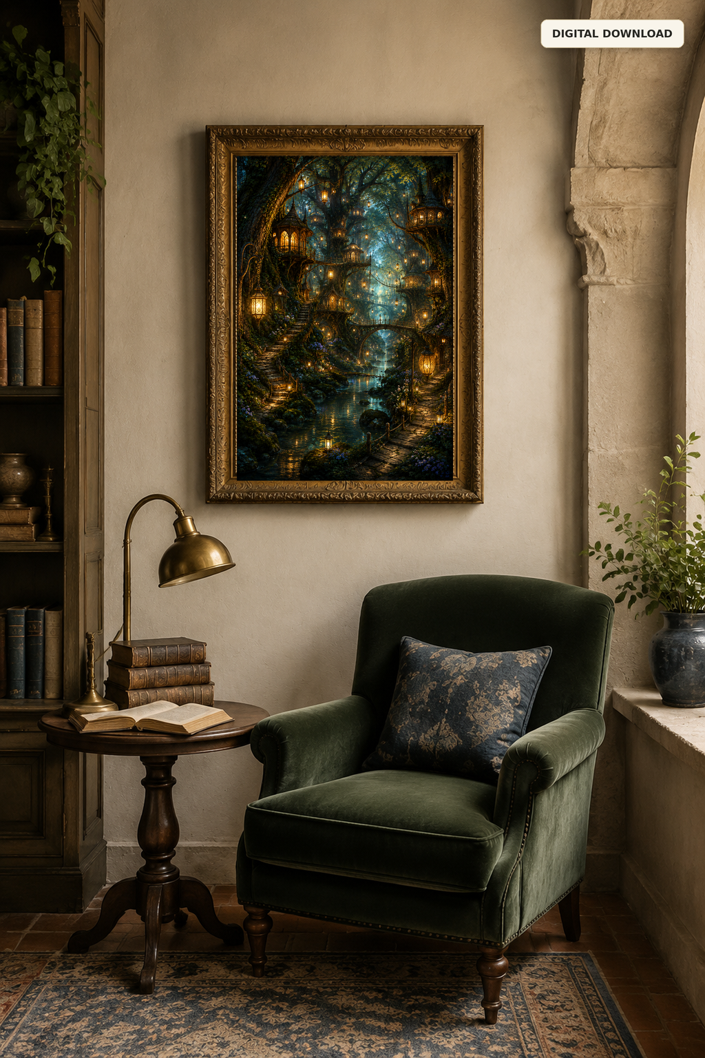 Enchanted Forest Wall Art, Fantasy Treehouse Village Printable, Lantern Lit Woodland Decor, Dark Academia Digital Download