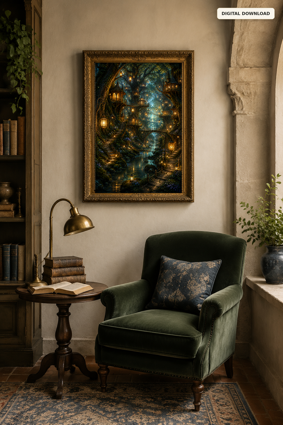Enchanted Forest Wall Art, Fantasy Treehouse Village Printable, Lantern Lit Woodland Decor, Dark Academia Digital Download