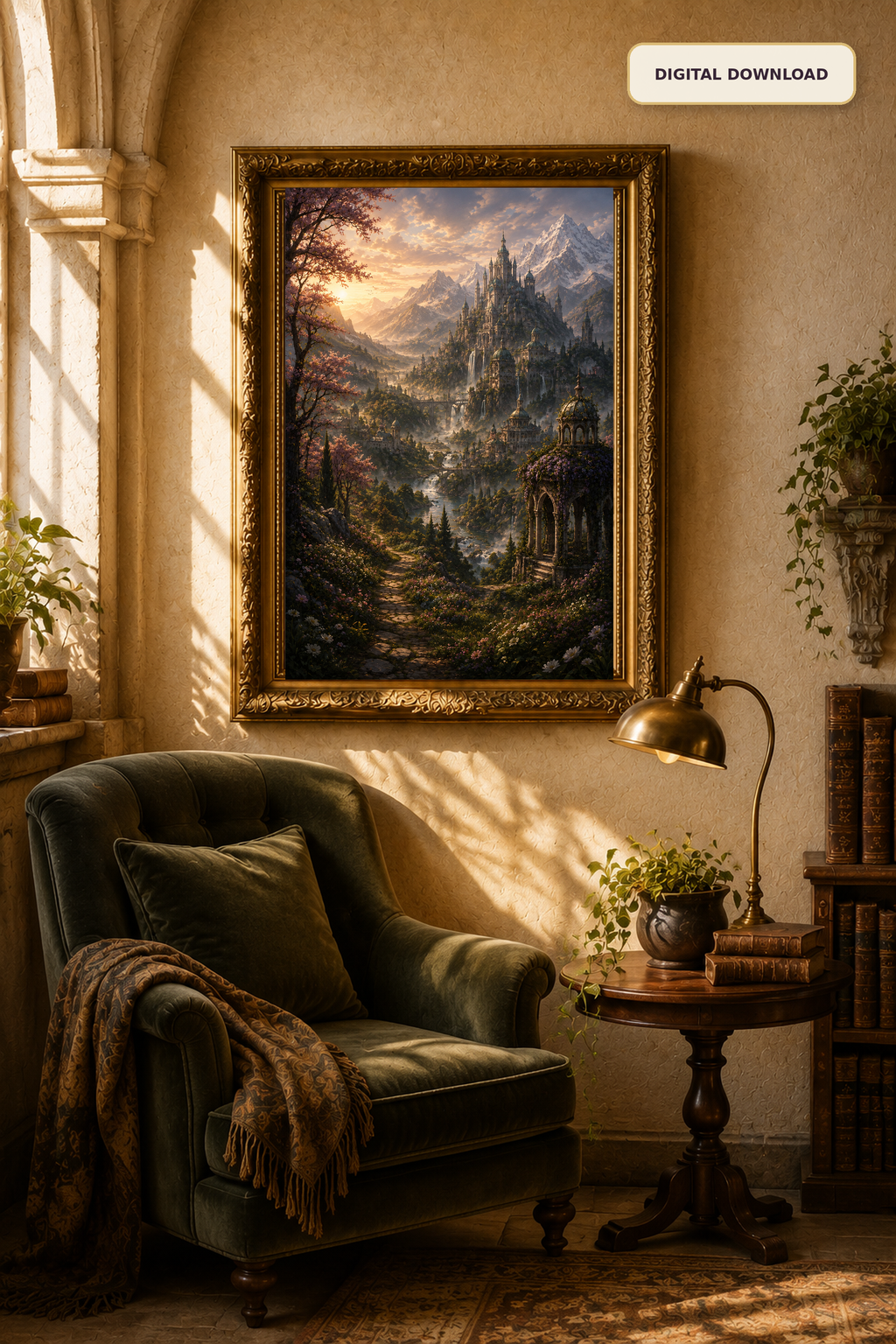 Fantasy Castle Wall Art, Enchanted Mountain Landscape Printable, Romantic Reading Nook Decor, Digital Download