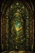 A large stained-glass-style arched window panel depicting a mystical forest scene with glowing moon phases, stars, mushrooms, and a sunlit path through dense green foliage and tree branches.