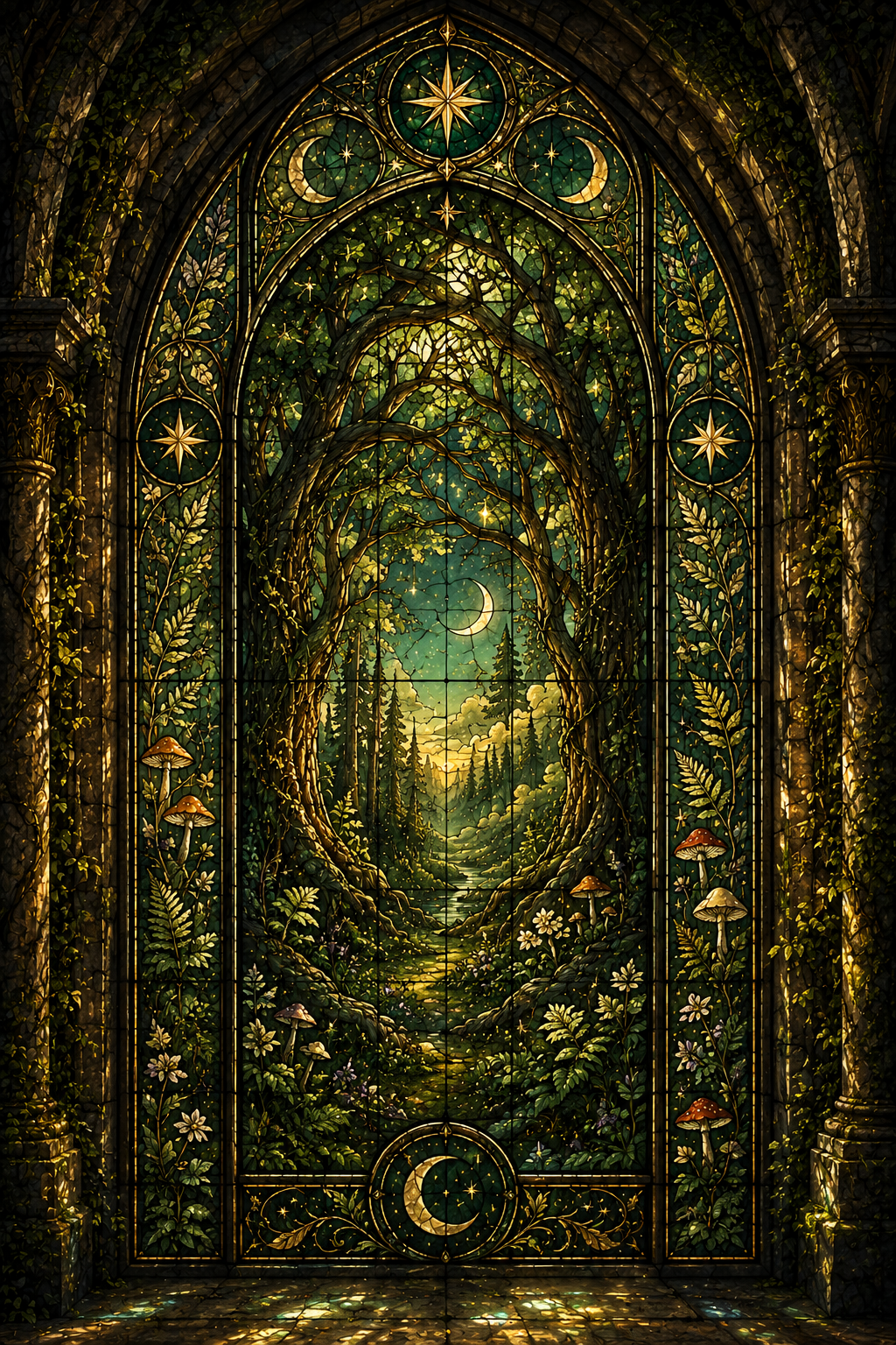 A large stained-glass-style arched window panel depicting a mystical forest scene with glowing moon phases, stars, mushrooms, and a sunlit path through dense green foliage and tree branches.