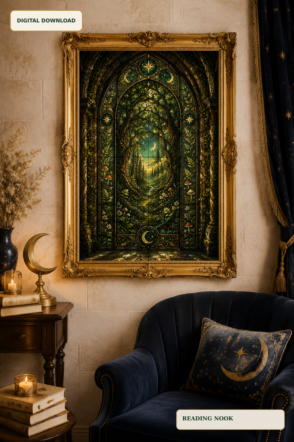 Enchanted Forest Stained Glass Wall Art, Gothic Botanical Print, Dark Academia Decor, Wildwood Fantasy Digital Download