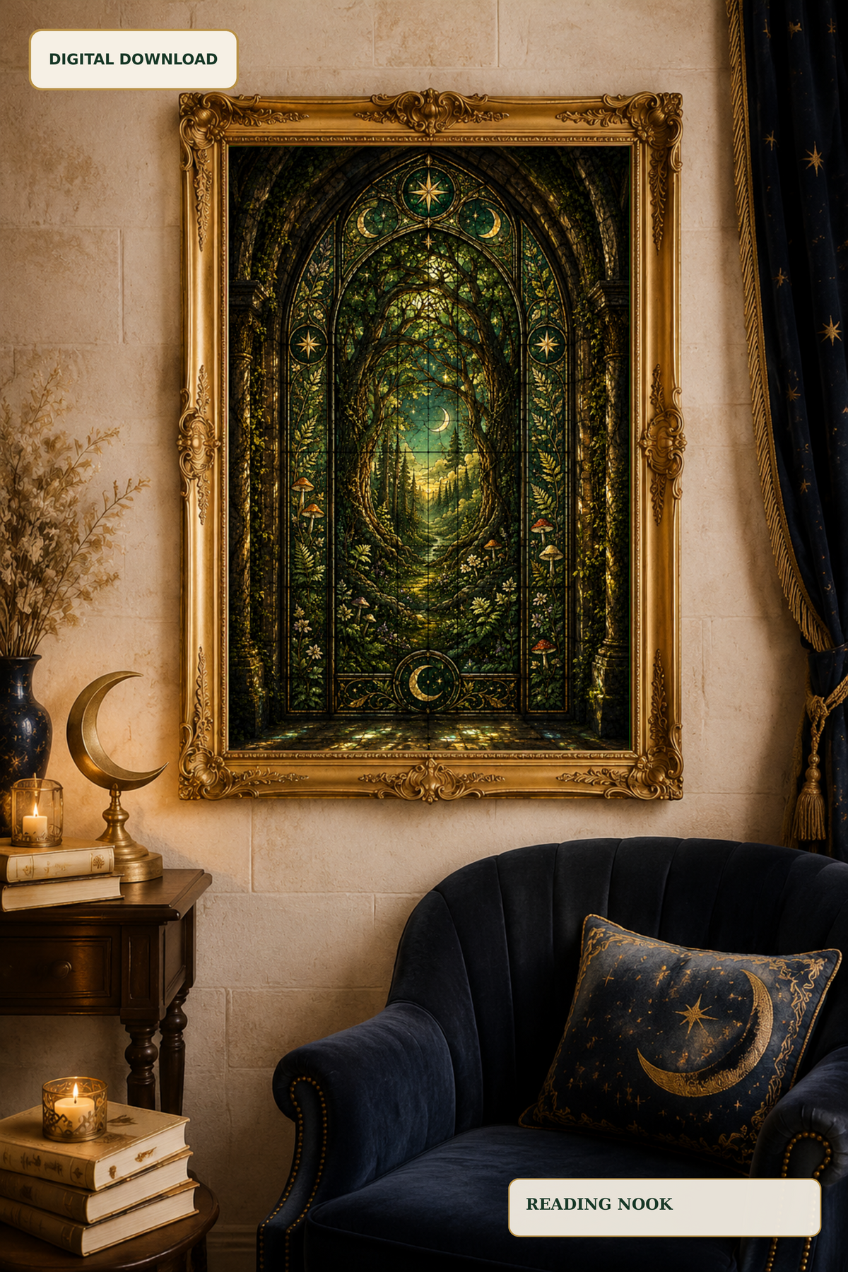 Enchanted Forest Stained Glass Wall Art, Gothic Botanical Print, Dark Academia Decor, Wildwood Fantasy Digital Download