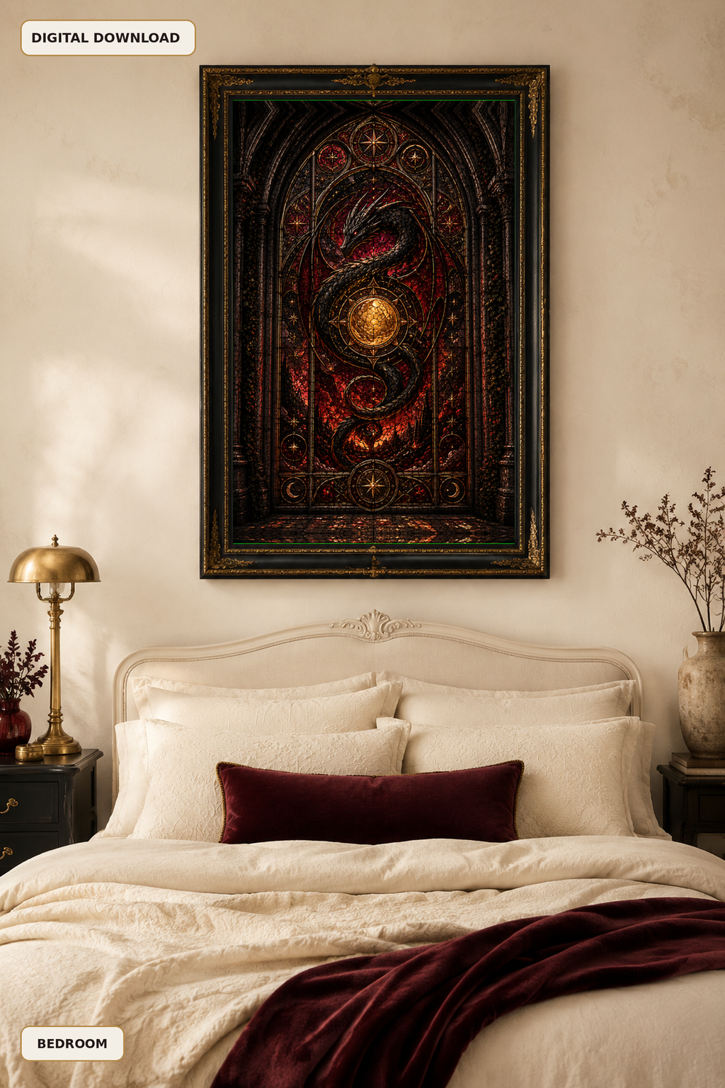 Dragon Stained Glass Wall Art, Gothic Fantasy Printable, Dark Celestial Window, Medieval Dragon Decor, Instant Digital Download