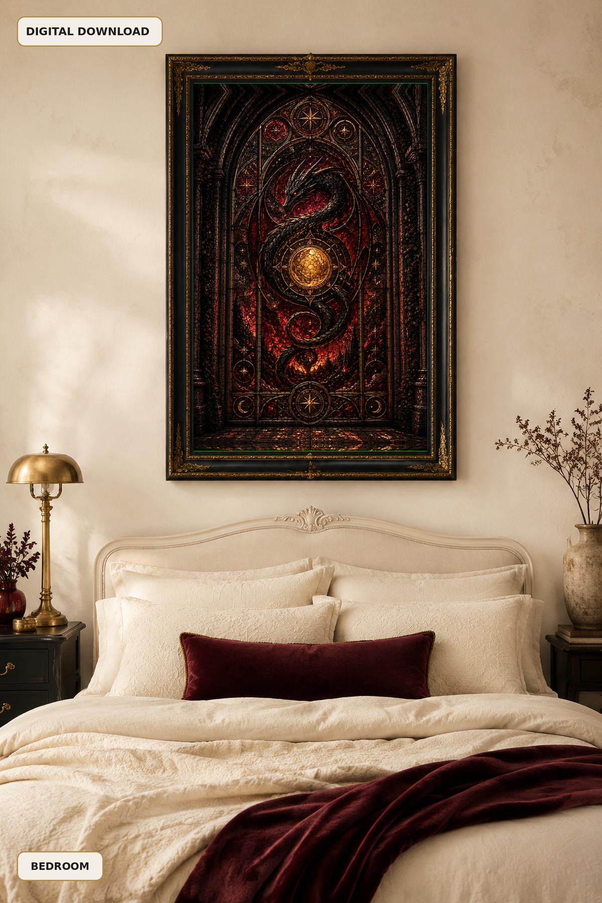 Dragon Stained Glass Wall Art, Gothic Fantasy Printable, Dark Celestial Window, Medieval Dragon Decor, Instant Digital Download