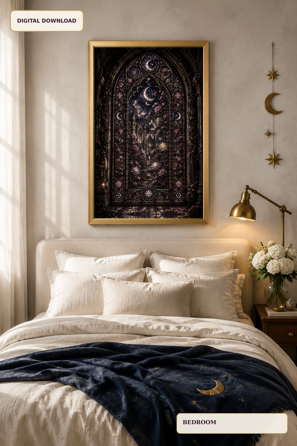 Moonlit Gothic Stained Glass Wall Art, Dark Floral Window Print, Celestial Garden Decor, Fantasy Digital Download
