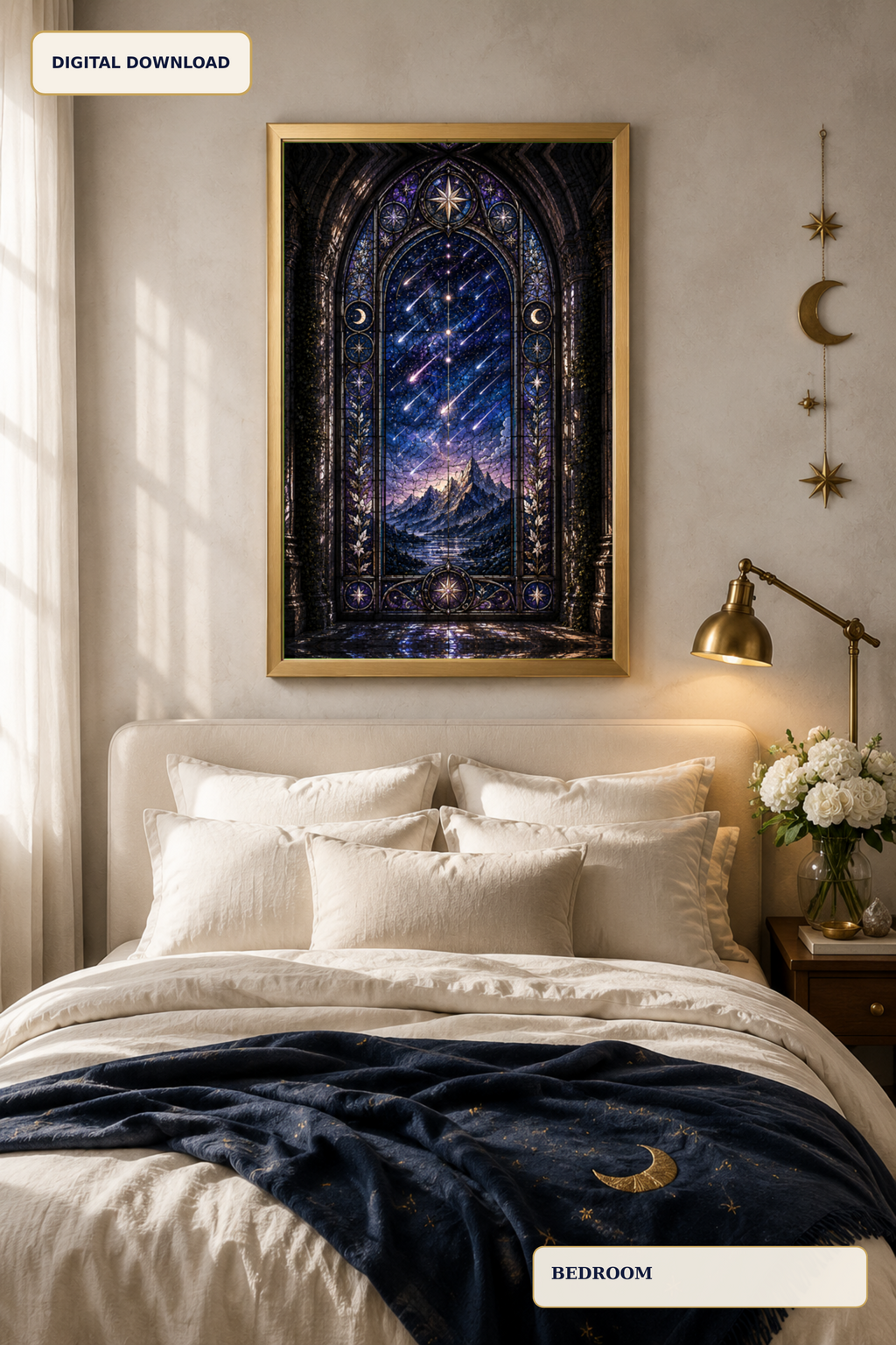 Celestial Stained Glass Wall Art, Gothic Starfall Window Print, Dark Academia Decor, Fantasy Night Sky Digital Download