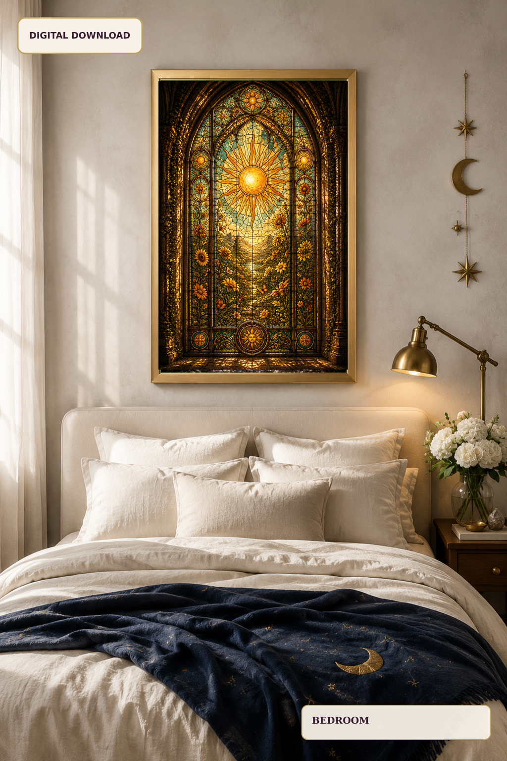 Sun Stained Glass Wall Art, Golden Celestial Window Print, Gothic Sunflower Fantasy Decor, Printable Digital Download