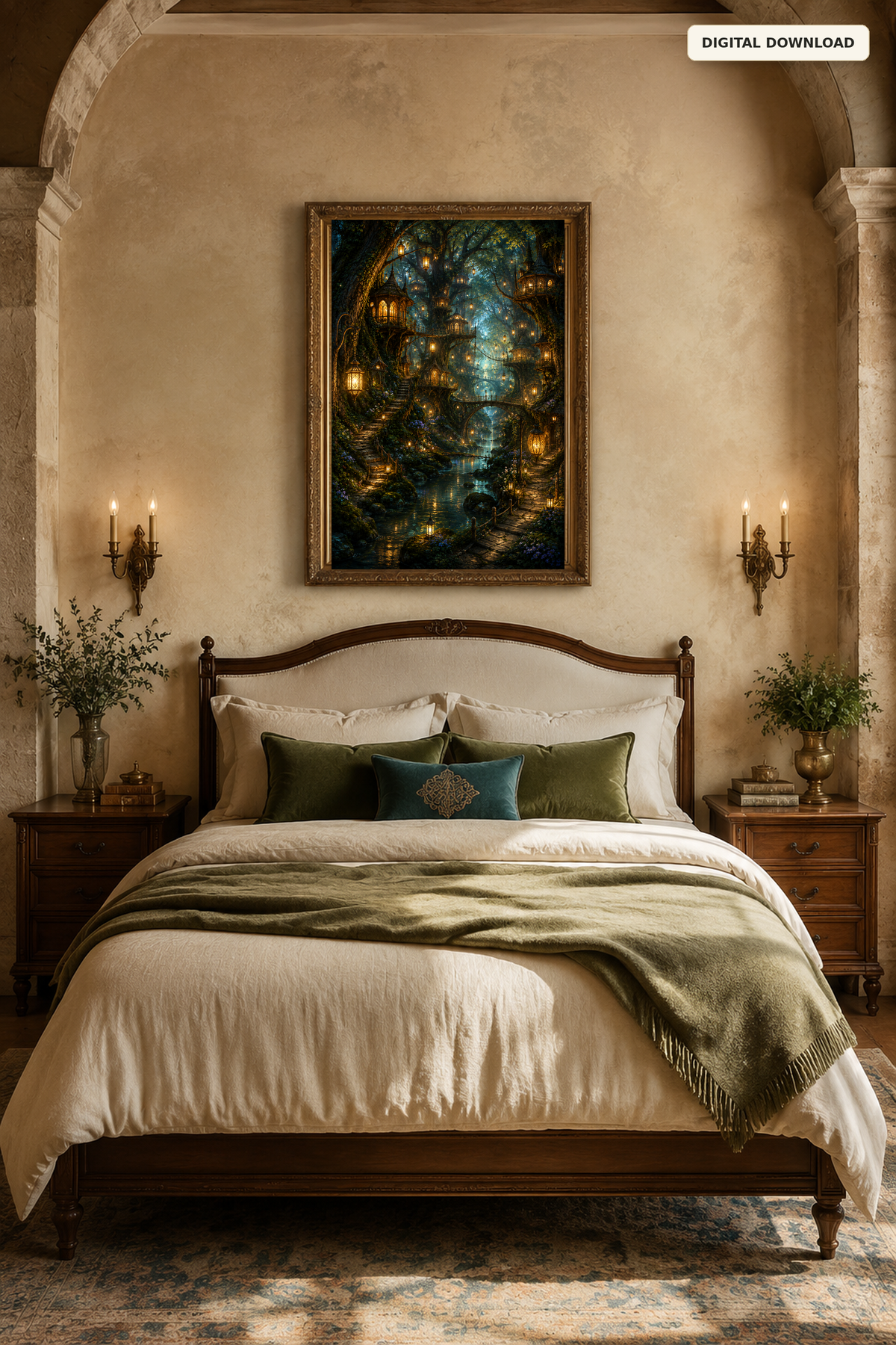 Enchanted Forest Wall Art, Fantasy Treehouse Village Printable, Lantern Lit Woodland Decor, Dark Academia Digital Download