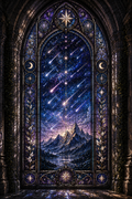 A large arched stained-glass window depicting a celestial night sky with shooting stars, glowing stars, crescent moons, and a mountain landscape reflected in water, set within a dark gothic stone frame.