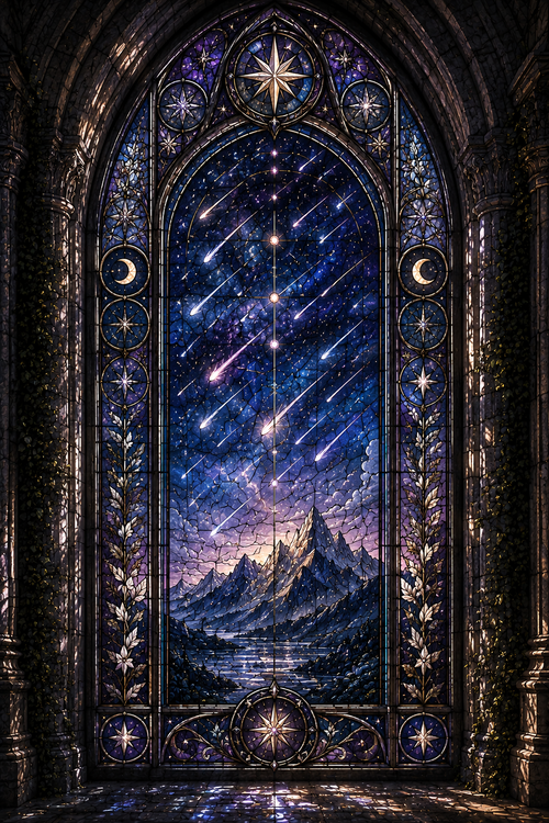 A large arched stained-glass window depicting a celestial night sky with shooting stars, glowing stars, crescent moons, and a mountain landscape reflected in water, set within a dark gothic stone frame.
