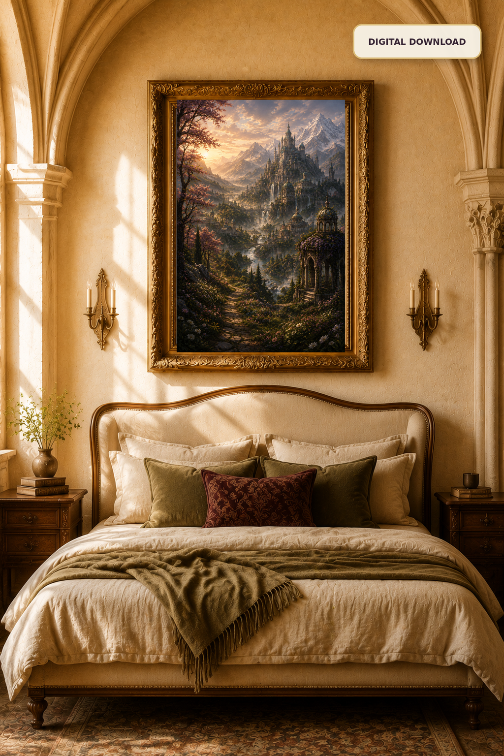 Fantasy Castle Wall Art, Enchanted Mountain Landscape Printable, Romantic Reading Nook Decor, Digital Download