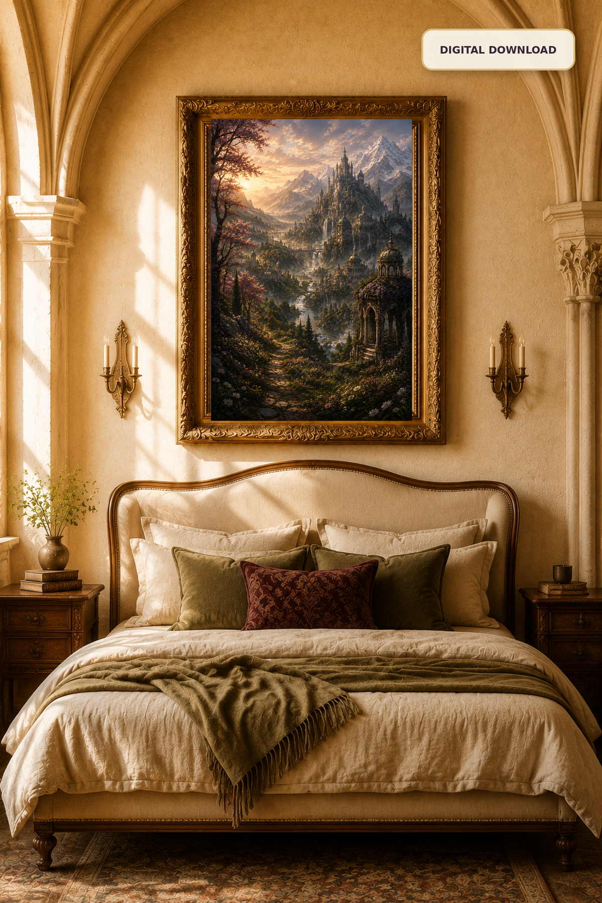 Fantasy Castle Wall Art, Enchanted Mountain Landscape Printable, Romantic Reading Nook Decor, Digital Download