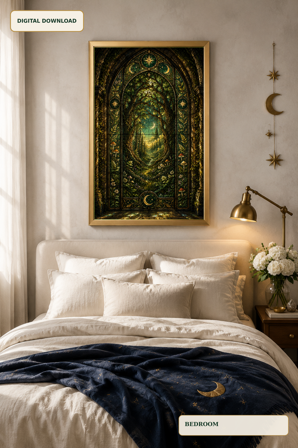 Enchanted Forest Stained Glass Wall Art, Gothic Botanical Print, Dark Academia Decor, Wildwood Fantasy Digital Download