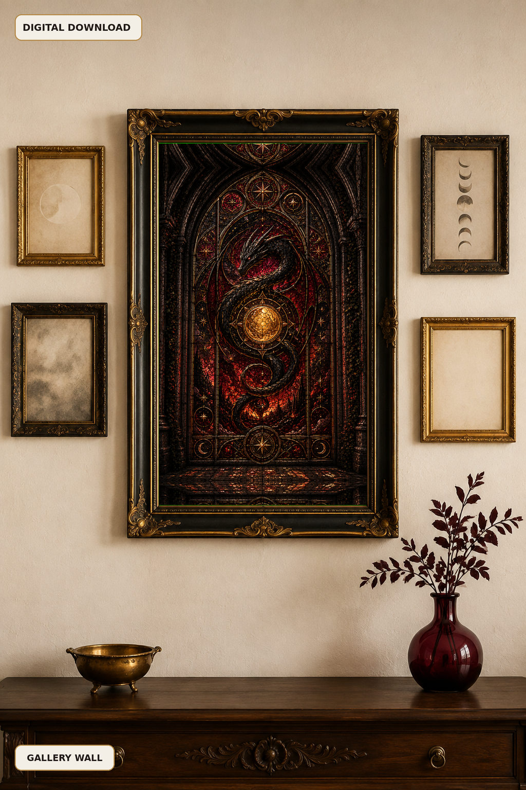 Dragon Stained Glass Wall Art, Gothic Fantasy Printable, Dark Celestial Window, Medieval Dragon Decor, Instant Digital Download