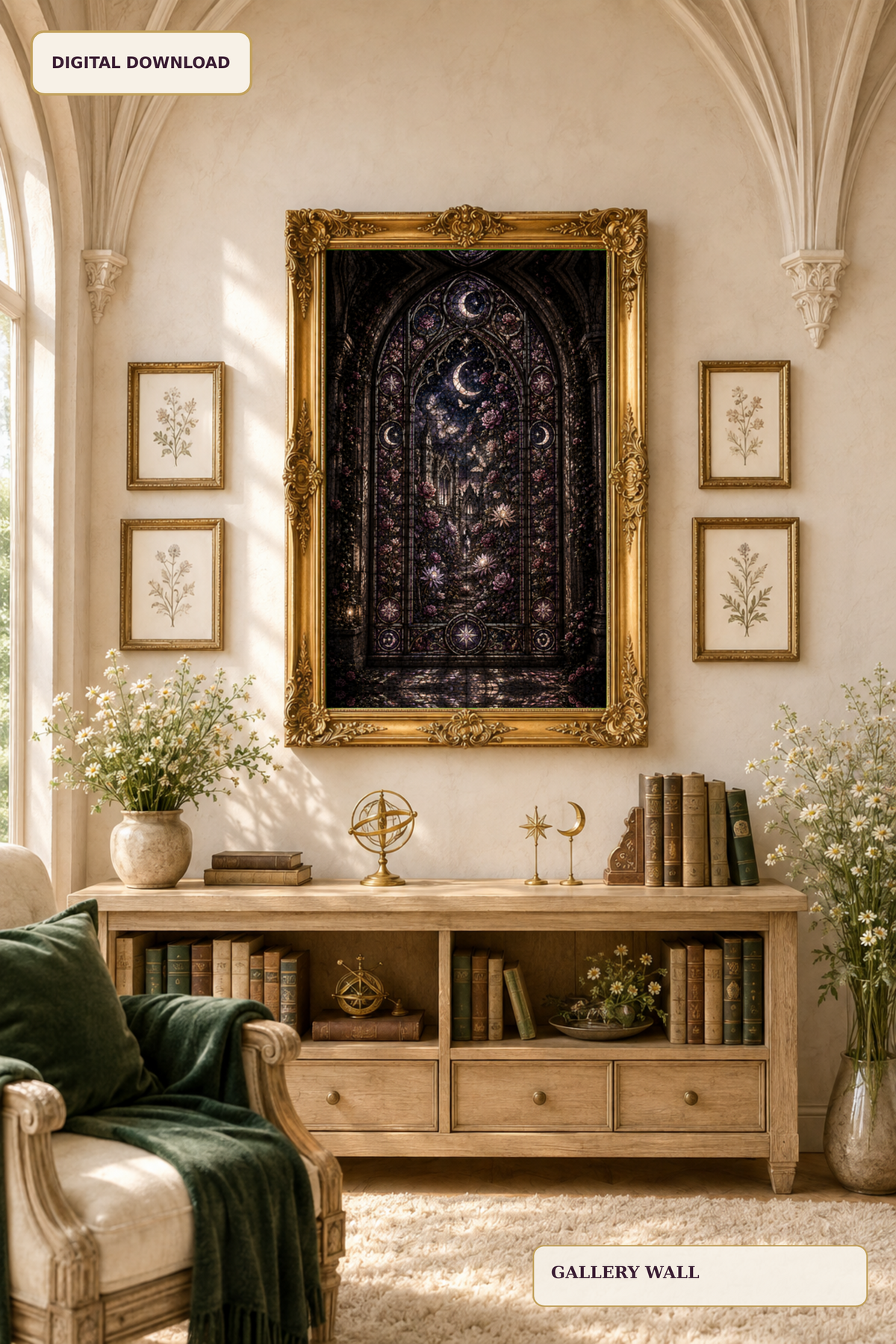 Moonlit Gothic Stained Glass Wall Art, Dark Floral Window Print, Celestial Garden Decor, Fantasy Digital Download