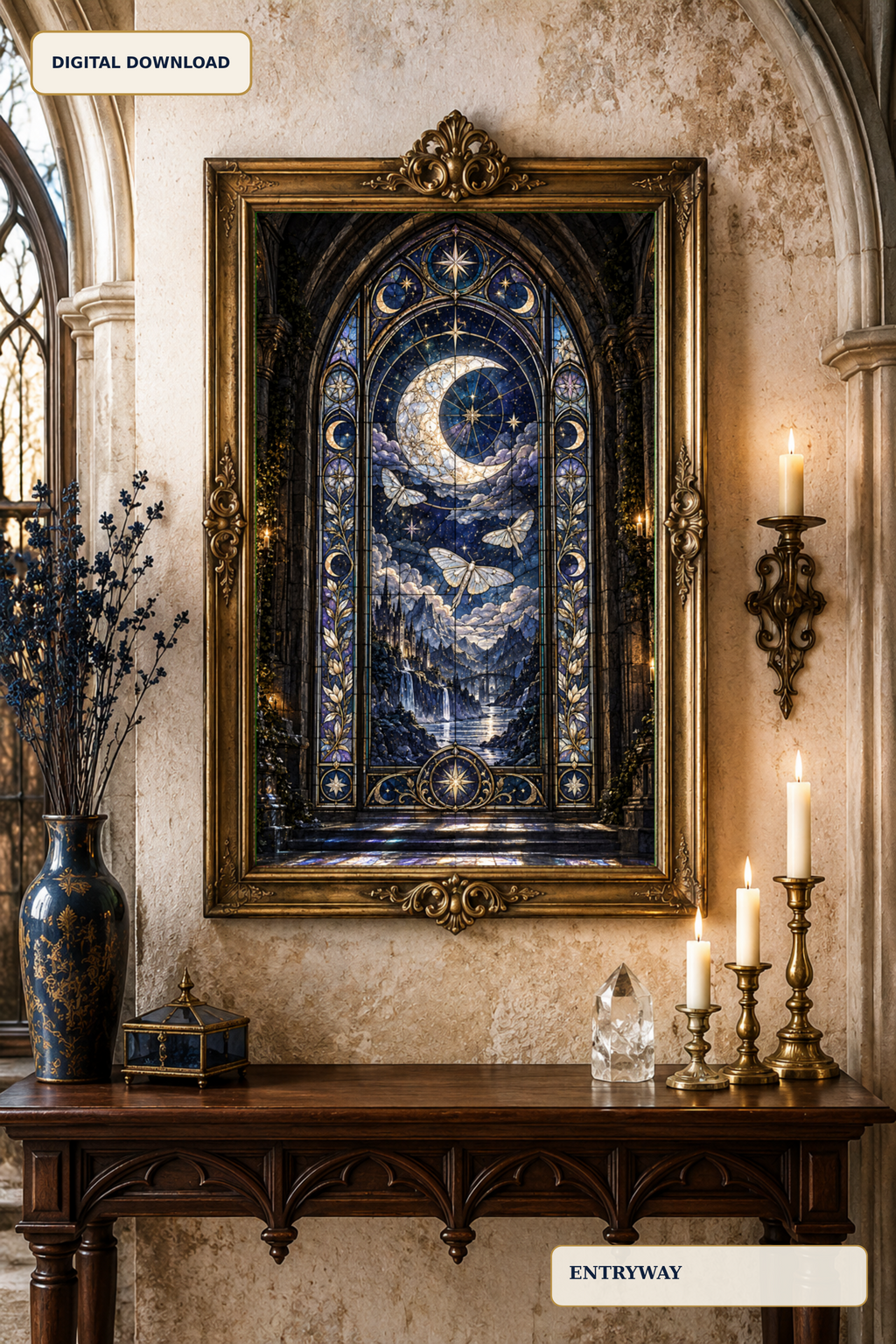 Celestial Stained Glass Wall Art, Gothic Moon Print, Dark Fantasy Decor, Moth Artwork, Moonkeeper Window Digital Download