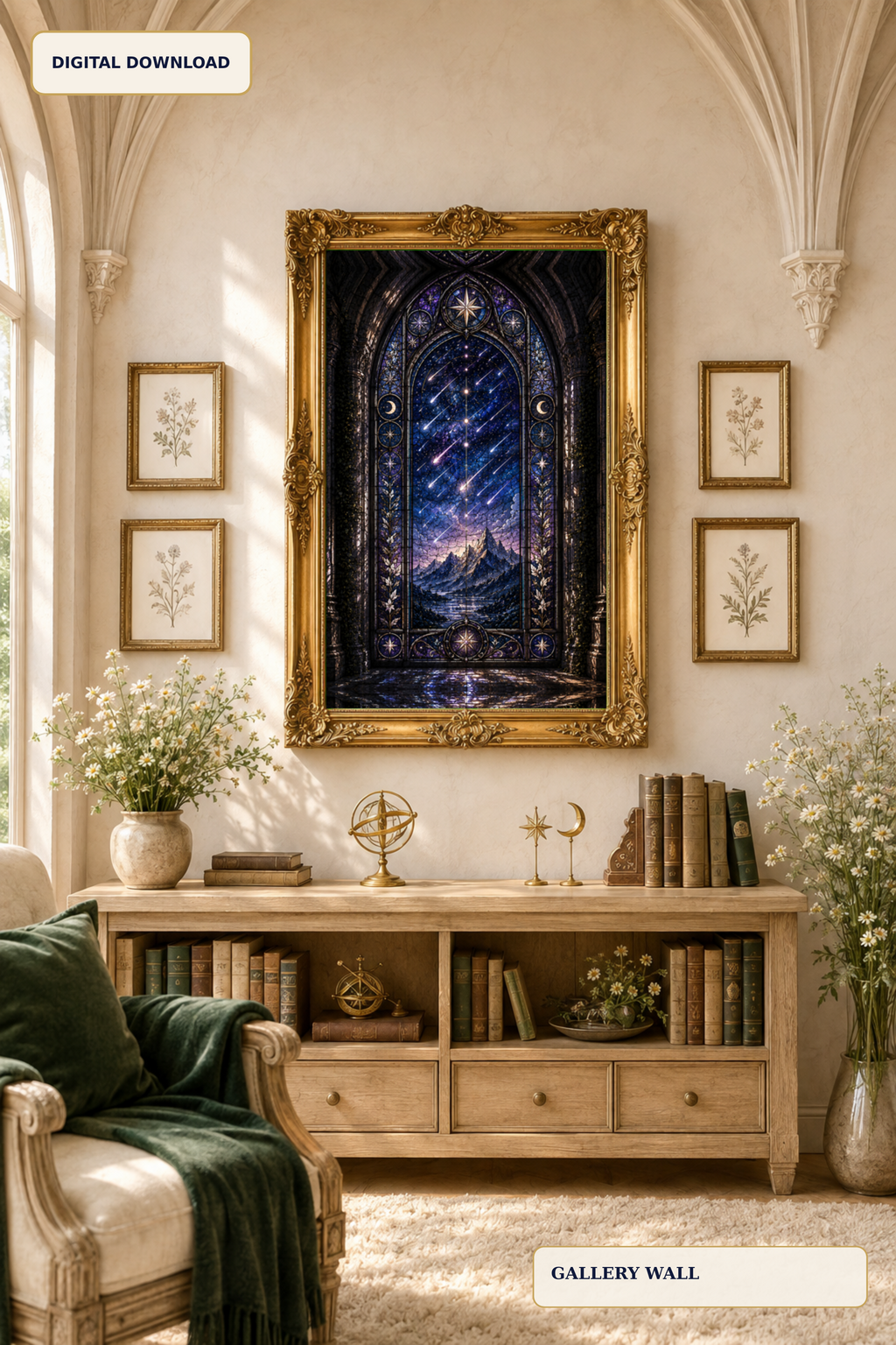 Celestial Stained Glass Wall Art, Gothic Starfall Window Print, Dark Academia Decor, Fantasy Night Sky Digital Download