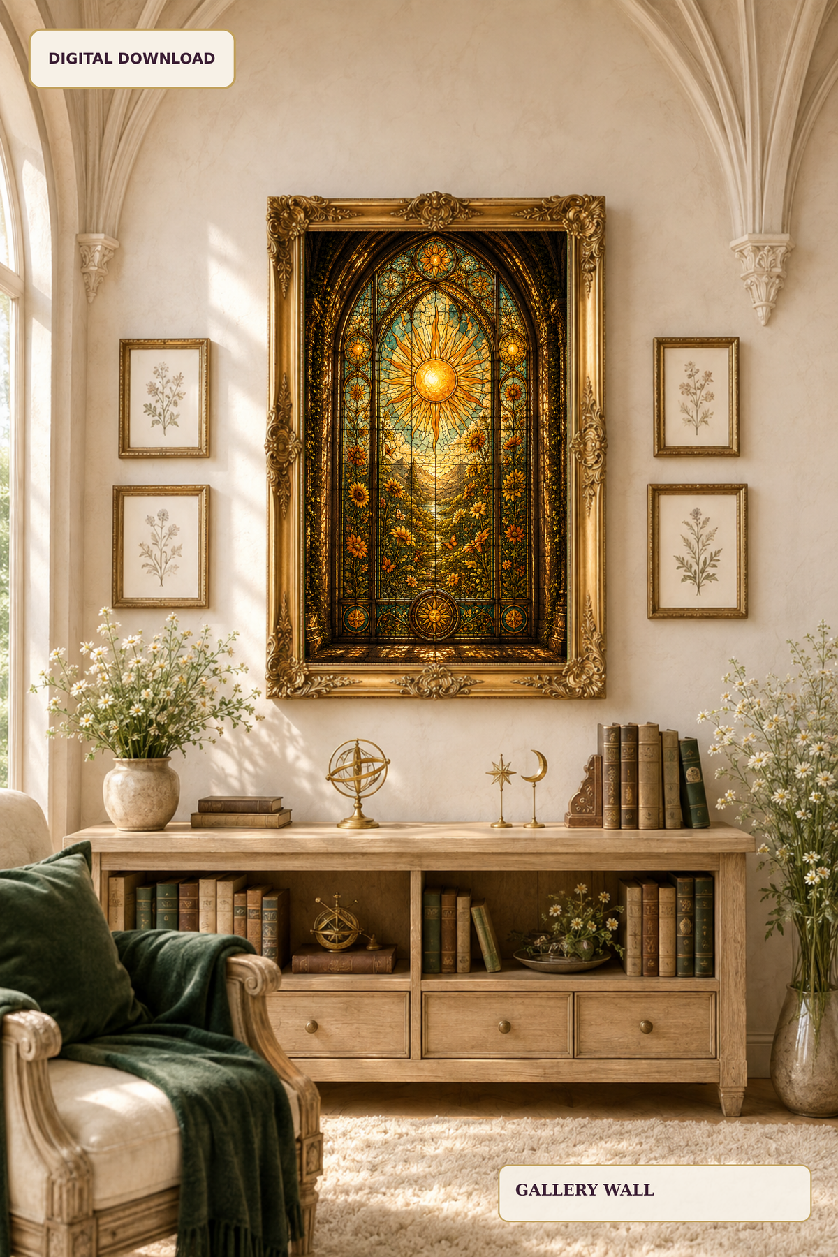Sun Stained Glass Wall Art, Golden Celestial Window Print, Gothic Sunflower Fantasy Decor, Printable Digital Download