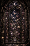 Moonlit Gothic Stained Glass Wall Art, Dark Floral Window Print, Celestial Garden Decor, Fantasy Digital Download