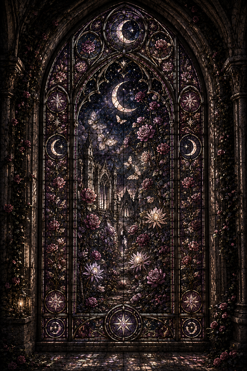 Moonlit Gothic Stained Glass Wall Art, Dark Floral Window Print, Celestial Garden Decor, Fantasy Digital Download