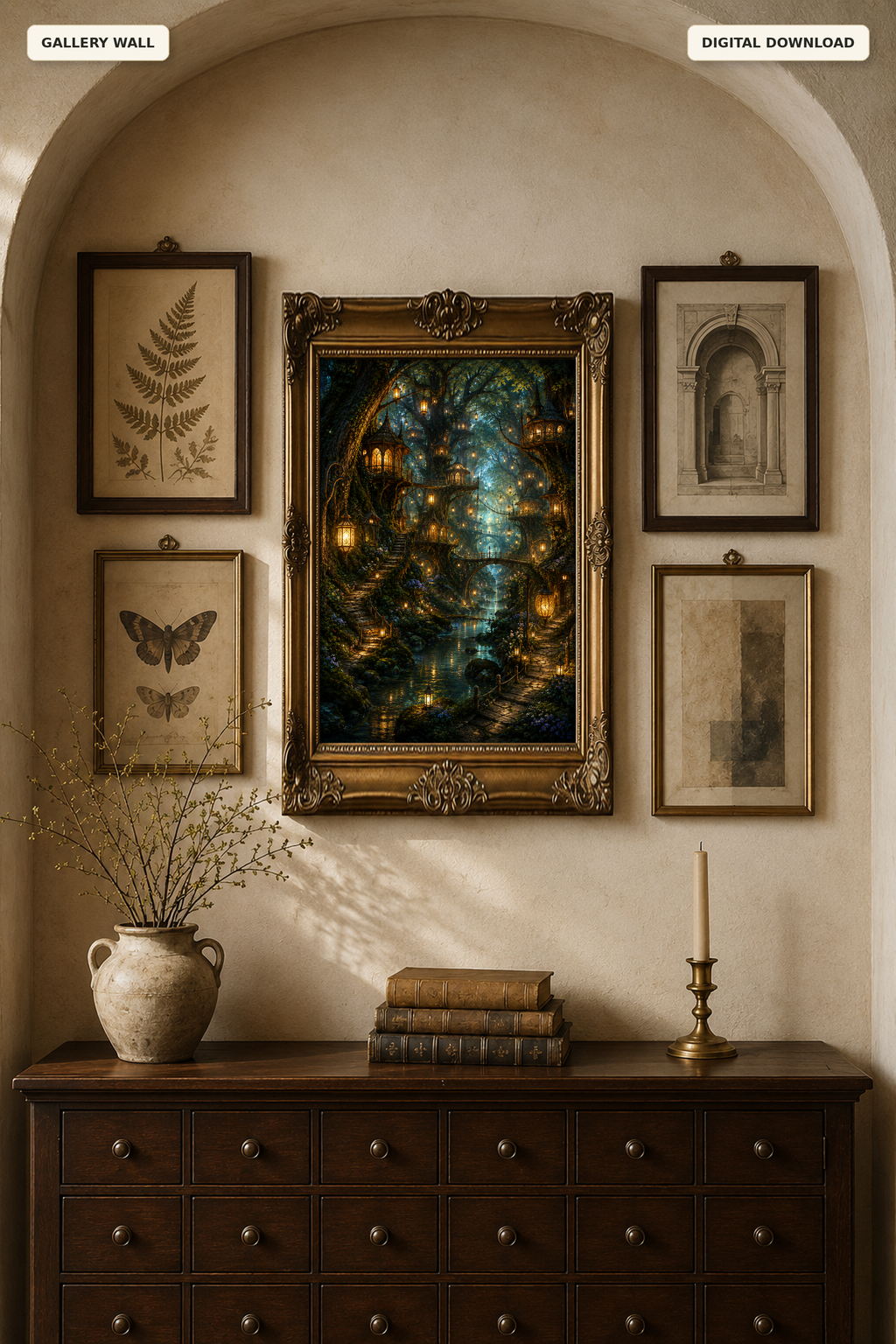 Enchanted Forest Wall Art, Fantasy Treehouse Village Printable, Lantern Lit Woodland Decor, Dark Academia Digital Download