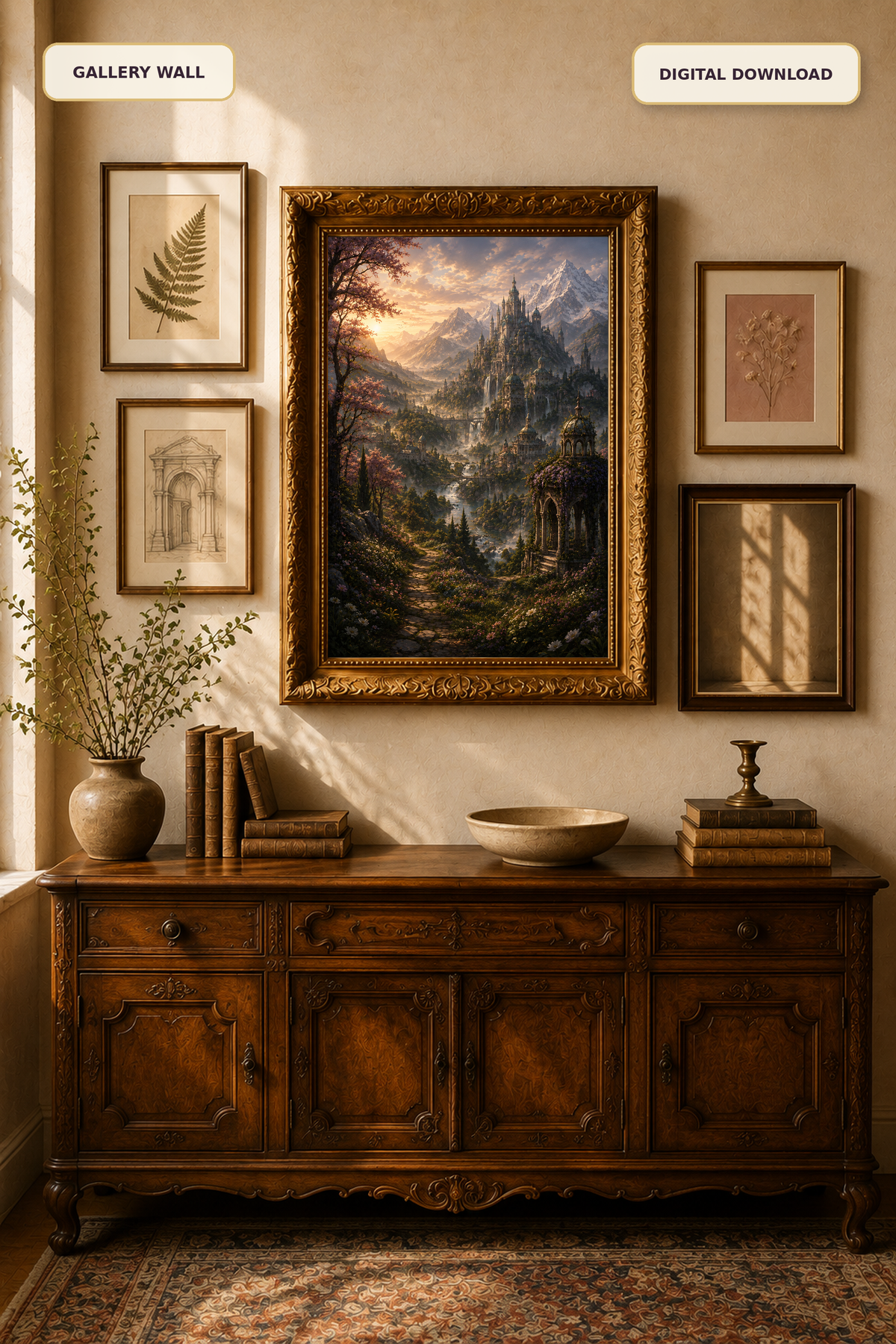 Fantasy Castle Wall Art, Enchanted Mountain Landscape Printable, Romantic Reading Nook Decor, Digital Download