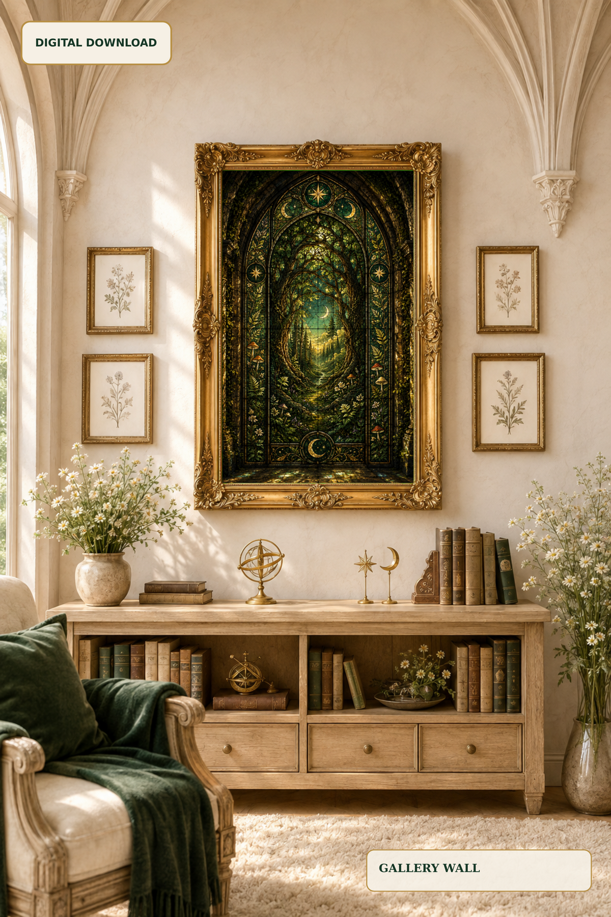 Enchanted Forest Stained Glass Wall Art, Gothic Botanical Print, Dark Academia Decor, Wildwood Fantasy Digital Download