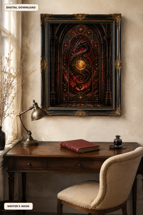 Dragon Stained Glass Wall Art, Gothic Fantasy Printable, Dark Celestial Window, Medieval Dragon Decor, Instant Digital Download