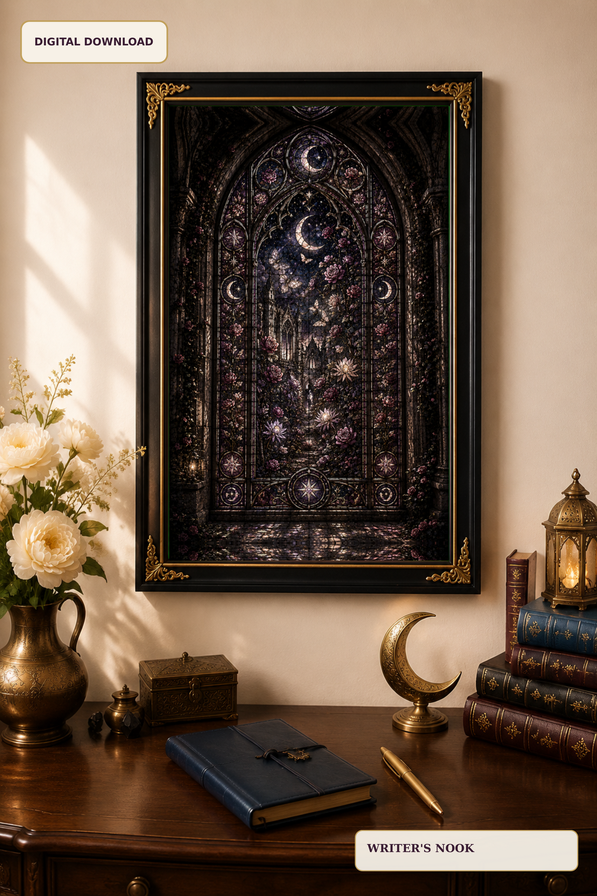 Moonlit Gothic Stained Glass Wall Art, Dark Floral Window Print, Celestial Garden Decor, Fantasy Digital Download