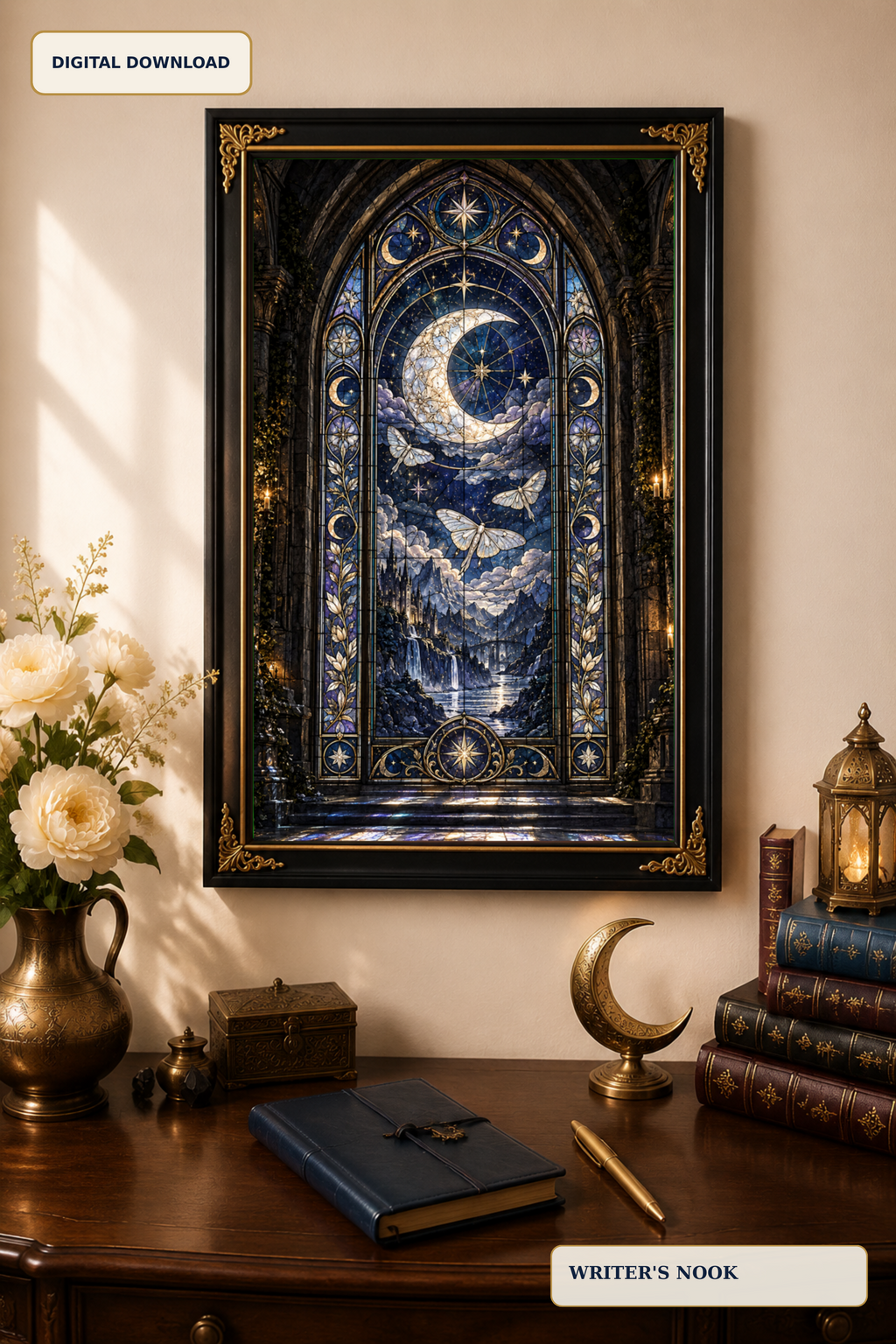 Celestial Stained Glass Wall Art, Gothic Moon Print, Dark Fantasy Decor, Moth Artwork, Moonkeeper Window Digital Download