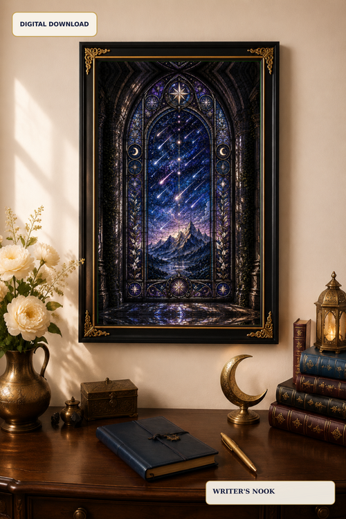 Celestial Stained Glass Wall Art, Gothic Starfall Window Print, Dark Academia Decor, Fantasy Night Sky Digital Download