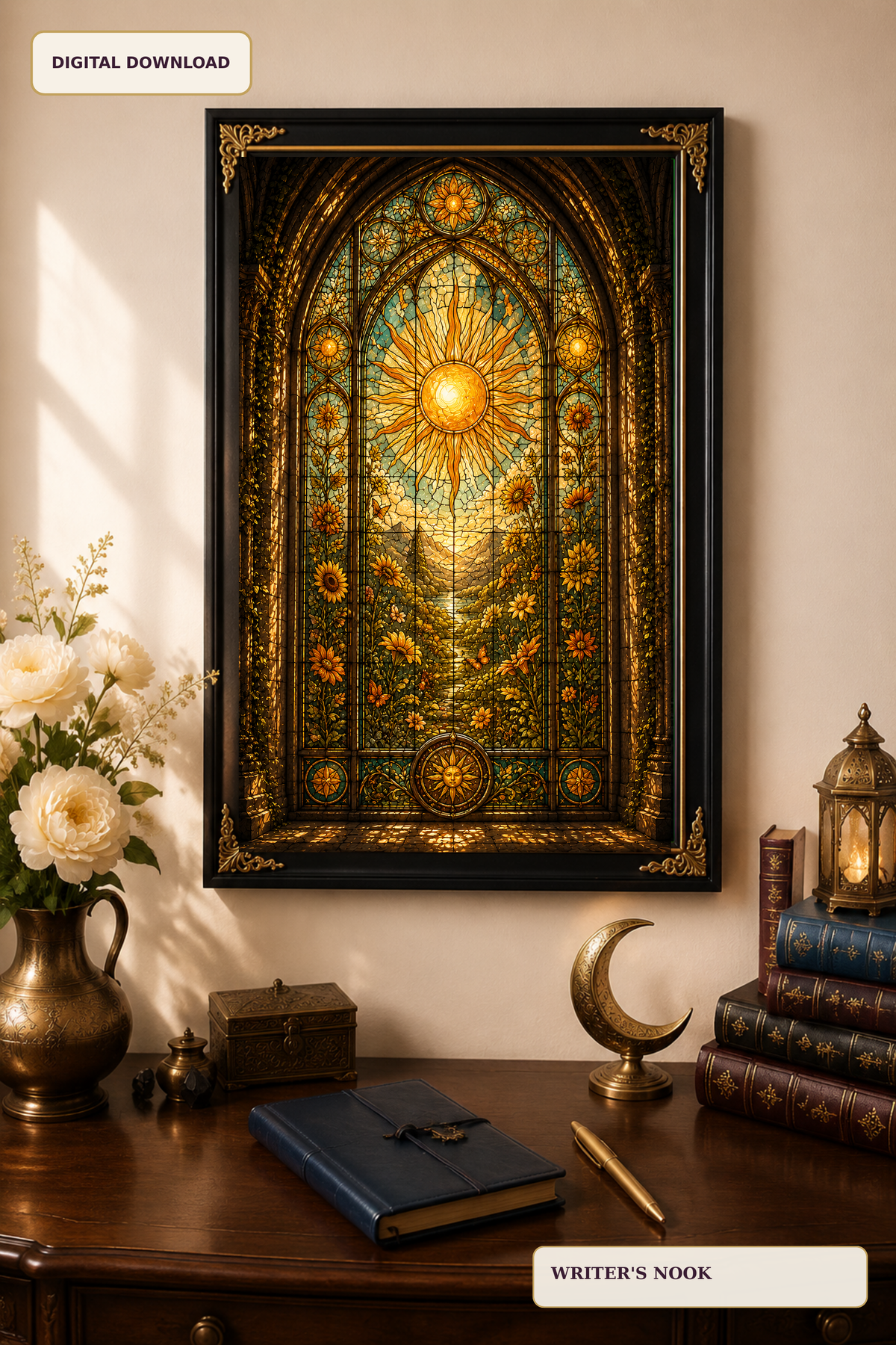 Sun Stained Glass Wall Art, Golden Celestial Window Print, Gothic Sunflower Fantasy Decor, Printable Digital Download